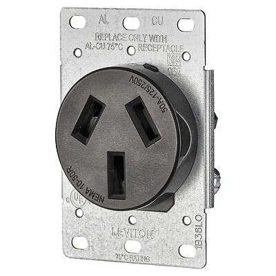 Leviton R20-05206-S10 Electrical Receptacle, Flush Mounting, 3-Pole, 125/250 V, 50 A, NEMA: NEMA 10-50R, Black