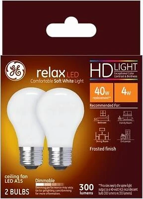 GE Relax 31374 Replacement Bulb, High-Definition, A15 Lamp, 40 W Equivalent, Medium (E26) Lamp Base, Dimmable, White