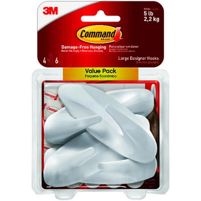 White Plastic Command Large Designer Hooks – 5 lb Capacity, Pack of 4