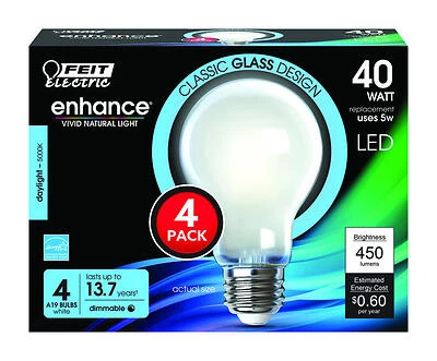 Feit Enhance 4‑Pack A19 Daylight LED Bulb – 5W (40W Equivalent), Dimmable, 5000K, 15000‑Hour Life