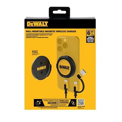 DEWALT DW2 Magnetic Wall‑Mount Wireless Charger – 6‑ft USB Cord, iPhone 15 & MagSafe Ready