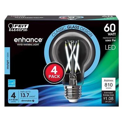 Feit Electric 4‑Filament Dimmable LED A19 Bulb – 60W Equivalent, Clear E26 Base
