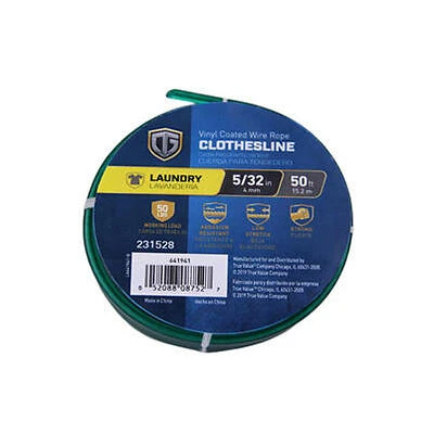 Green PVC‑Coated Wire Clothesline – 5/32″ x 50 ft, 50 lb Capacity