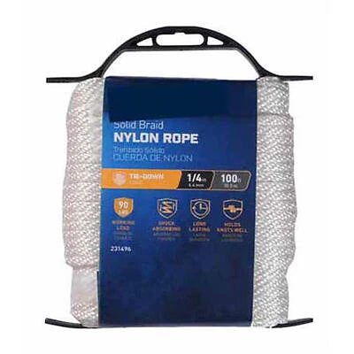 White 1/4" Braided Nylon Rope – 100 ft, 90‑lb Load Capacity