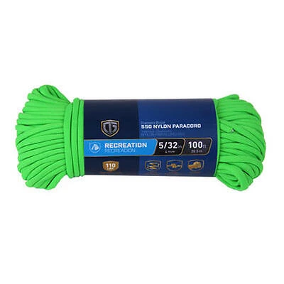Paracord 550 Nylon Rope, Green, 5/32 In. x 100 Ft.
