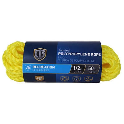 Yellow Twisted Polypropylene Rope – 1/2 in. x 50 ft., 420 lb Safe Working Load
