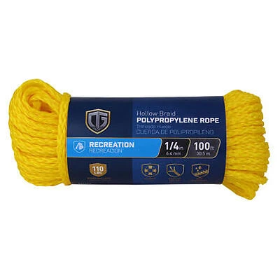 Yellow 1/4\" Hollow‑Core Polypropylene Rope – 100 ft, 110 lb Capacity