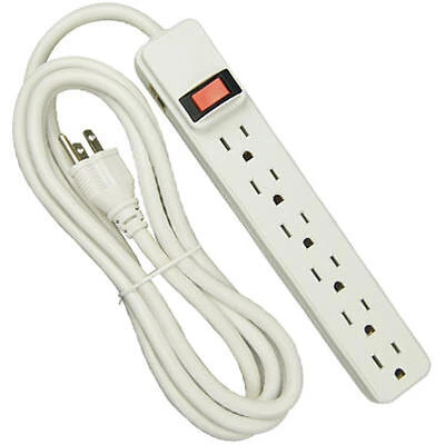 Power Strip, 6-Outlets, Extra-Long Cord, Plastic Housing, White
