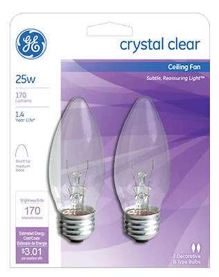 Ceiling Fan Light Bulbs, Clear Torpedo, 25 Watt, 2-Pk.