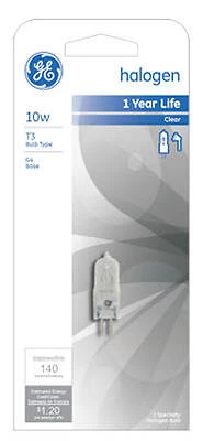 GE T-3 Bi-Pin Quartz Halogen Lamp, 10 Watt, 140 Lumens