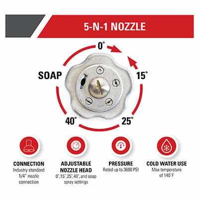 Universal 5-N-1 Pressure Washer Nozzle, 1/4-In. Quick Connect, Cold-Water Use, Rated Up to 3600 PSI