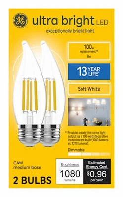LED 8w candle bulb w/medium base. SW ultra bright 2pk