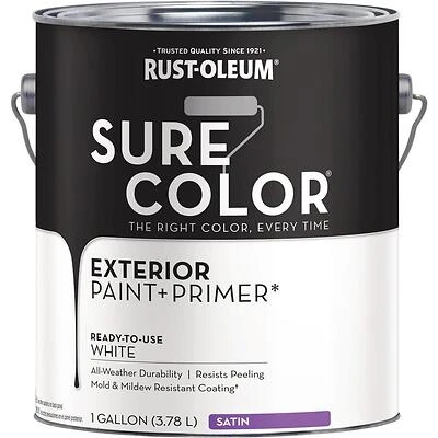 Rust-Oleum Sure Color Exterior Paint & Primer – Satin White, 1‑Gal (400 sq ft Coverage)