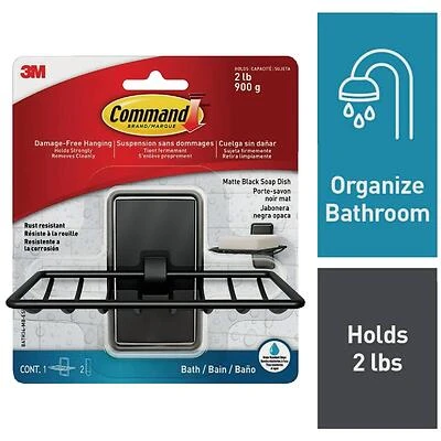 Command Matte Black Adhesive Soap Tray – Pack of 2 Medium Water‑Resistant Strips
