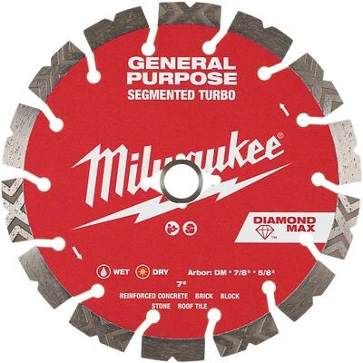 Milwaukee 7" Turbo Segmented Diamond Saw Blade – DM‑7/8‑in Arbor, General‑Purpose Cutting
