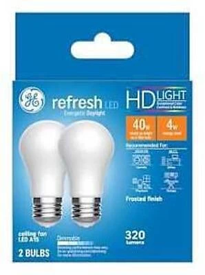 GE Refresh Series 31375 Replacement LED Light Bulb, A15 Lamp, 40 W Equivalent, E26 Medium Lamp Base, Dimmable, White