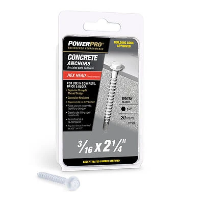 Power Pro White Hex Washer‑Head Concrete Screw Anchors – 3/16 in x 2‑¼ in, 20‑Piece Pack