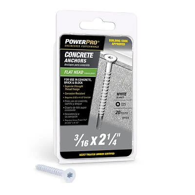 Power Pro 377313 Concrete Screw Anchors, 3/16" x 2-1/4", 20 Pack