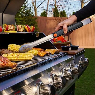 Stainless Steel Locking BBQ Tongs – 16.9″ Ergonomic Plastic Handle
