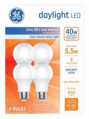 GE LED Light Bulbs, A19, Daylight, 5.5W, 4-Pack