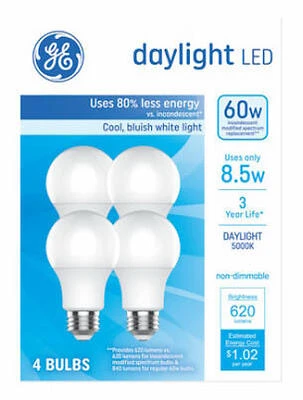 GE LED Light Bulbs, Daylight, A19 Medium Base, 8.5 Watts, 4-Pack