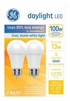 GE LED Light Bulbs, A19, 13W, Daylight, 2-Pack