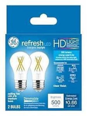 GE Refresh Series 46661 Ceiling Fan Light Bulb, High-Definition, A15 Lamp, 60 W Equivalent, Medium Lamp Base, Yes, Clear