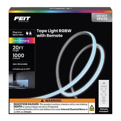 Feit TAPE240/COB/RGB 20-Foot Color-Changing Plug-In LED Tape Light, 1000 Lumens