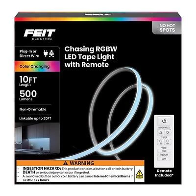 Feit TAPE120/CHASE 10-Foot Plug-In Color-Changing LED Tape Light, RGB, Linkable