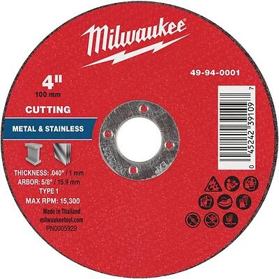 Milwaukee 4‑Inch Type 1 Metal Cutting Wheel – 0.040‑In Thick, 5/8‑In Arbor