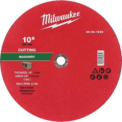 Milwaukee 10‑Inch Type 1 Masonry Cut‑Off Wheel – Fast, Long‑Lasting Concrete Cutting