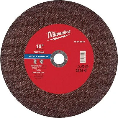 Milwaukee 12‑in Metal Cut‑Off Wheel – 7/64 in Thickness, 1‑in Arbor