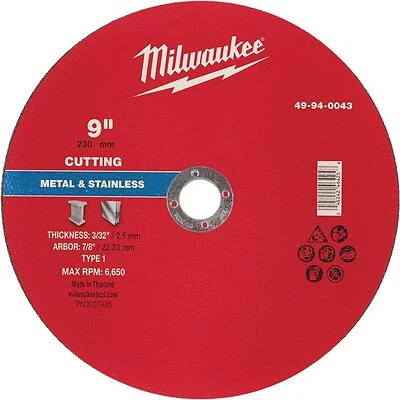 Milwaukee 9‑Inch Type‑1 Metal Cutting Disc 3/32" x 7/8" – High‑Durability Aluminum Oxide Wheel