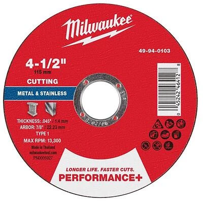Milwaukee 4.5‑in Metal Cut‑Off Wheel, .045‑in Thick, 7/8‑in Arbor – 13,300 RPM