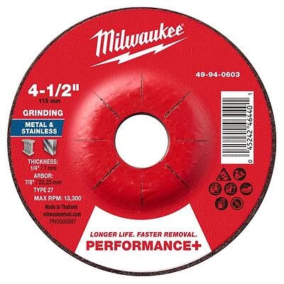 Milwaukee Performance‑Plus 4‑1/2 in. Metal Grinding & Cut‑Off Wheel – 27‑Series, 1/4 in. Bore, 7/8 in. Thickness