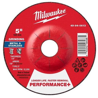 Milwaukee Performance‑Plus 5‑in. Zirconia Metal Grinding & Cut‑Off Wheel – 1/4‑in. Arbor, 7/8‑in. Thickness