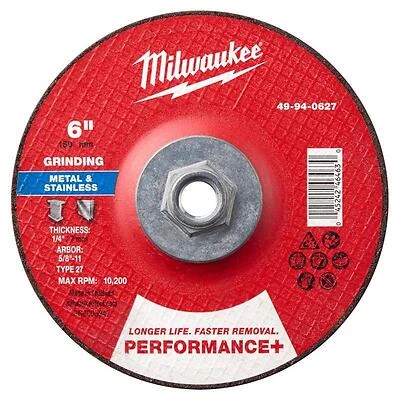 Milwaukee Performance‑Plus 6‑in. Metal Grinding & Cut‑Off Wheel – 27 Series, 1/4‑in. Arbor, 5/8‑in. Thickness