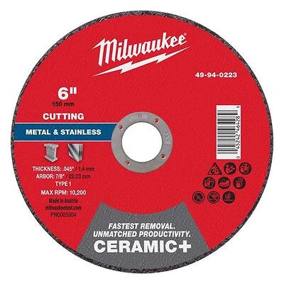 Milwaukee Ceramic‑Plus 6‑Inch Metal Cut‑Off Wheel – Ultra‑Fast 0.045‑In. Thick, 7/8‑In. Arbor