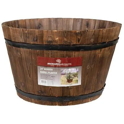 Backyard Expressions 24" Burnt Wood Wooden Barrel Planter