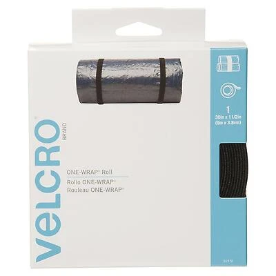 VELCRO Brand One Wrap 91372 Hook and Loop Fastener, 1-1/2 in W, 30 in L, Nylon/Polypropylene, Black