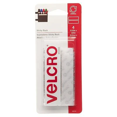 VELCRO Brand 90076 Hook and Loop Fastener, 3/4 in W, 3-1/2 in L, Nylon, White, Rubber Adhesive