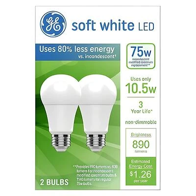 GE 93131321 LED Light Bulb, A19 Lamp, 75 W Equivalent, Medium Lamp Base, Non-Dimmable, Soft White/Warm White