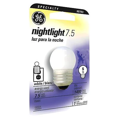 GE 41267 Night Light Bulb, 7.5 W, E26 Medium Lamp Base, S11 Lamp, White Light, 39 Lumens, 1400 hr Average Life