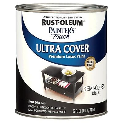 Rust-Oleum 1974502 Painter's Touch Ultra Cover Latex Paint, Semi-Gloss, Black, 1-Qt.