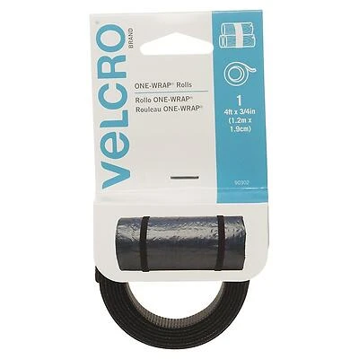 VELCRO Brand One Wrap 90302 Hook and Loop Fastener, 3/4 in W, 48 in L, Velcro, Black