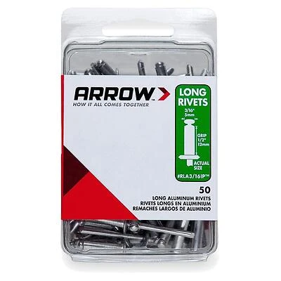 Arrow RLA3/16IP Pop Rivet, Long, 1/2 in Grip, 1/2 in L, Aluminum, 50/PK