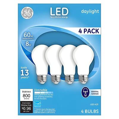 GE Industrial Solutions 93098314 LED Bulb, General Purpose, 750 Lumens, 8 W, A19 Lamp, 60 W Equivalent, Medium Lamp Base