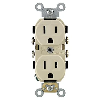 Leviton CBR15-I Duplex Outlet, 2 -Pole, 15 A, 125 VAC, Back, Side Wiring, NEMA: 5-15R, Ivory