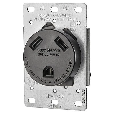 Leviton R10-07313-S00 Electrical Receptacle, 2 -Pole, 125/250 V, 30 A, NEMA: NEMA TT-30R, Black