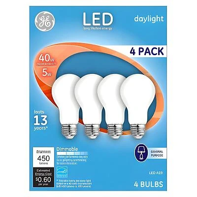 GE 93098312 LED Bulb, General Purpose, A19 Lamp, 40 W Equivalent, E26 Lamp Base, Dimmable, White, Daylight Light